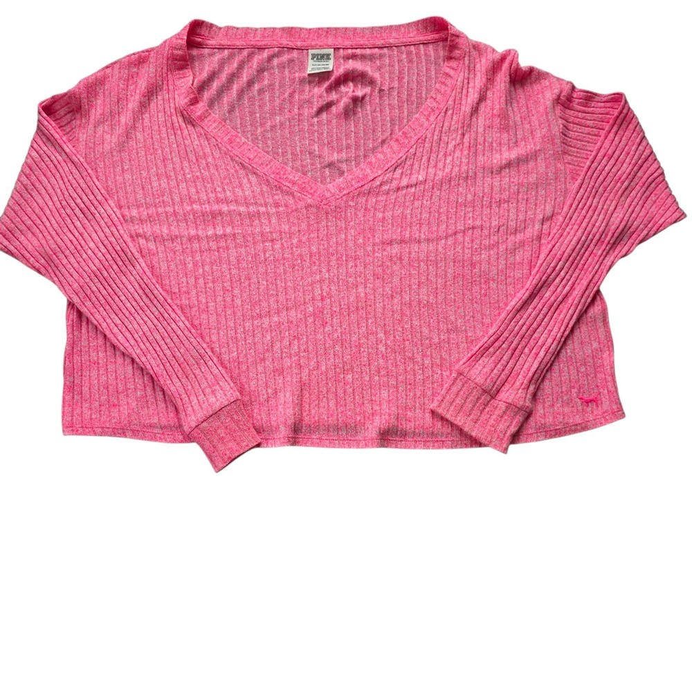 Pink VS lightweight pink cropped sweater S ribbed ultra‎ soft VNeck. #1184